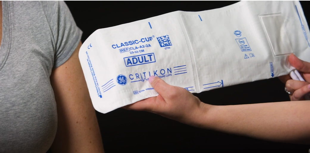 Proper placement of the disposable CLASSICCUF blood pressure cuff Clinical View